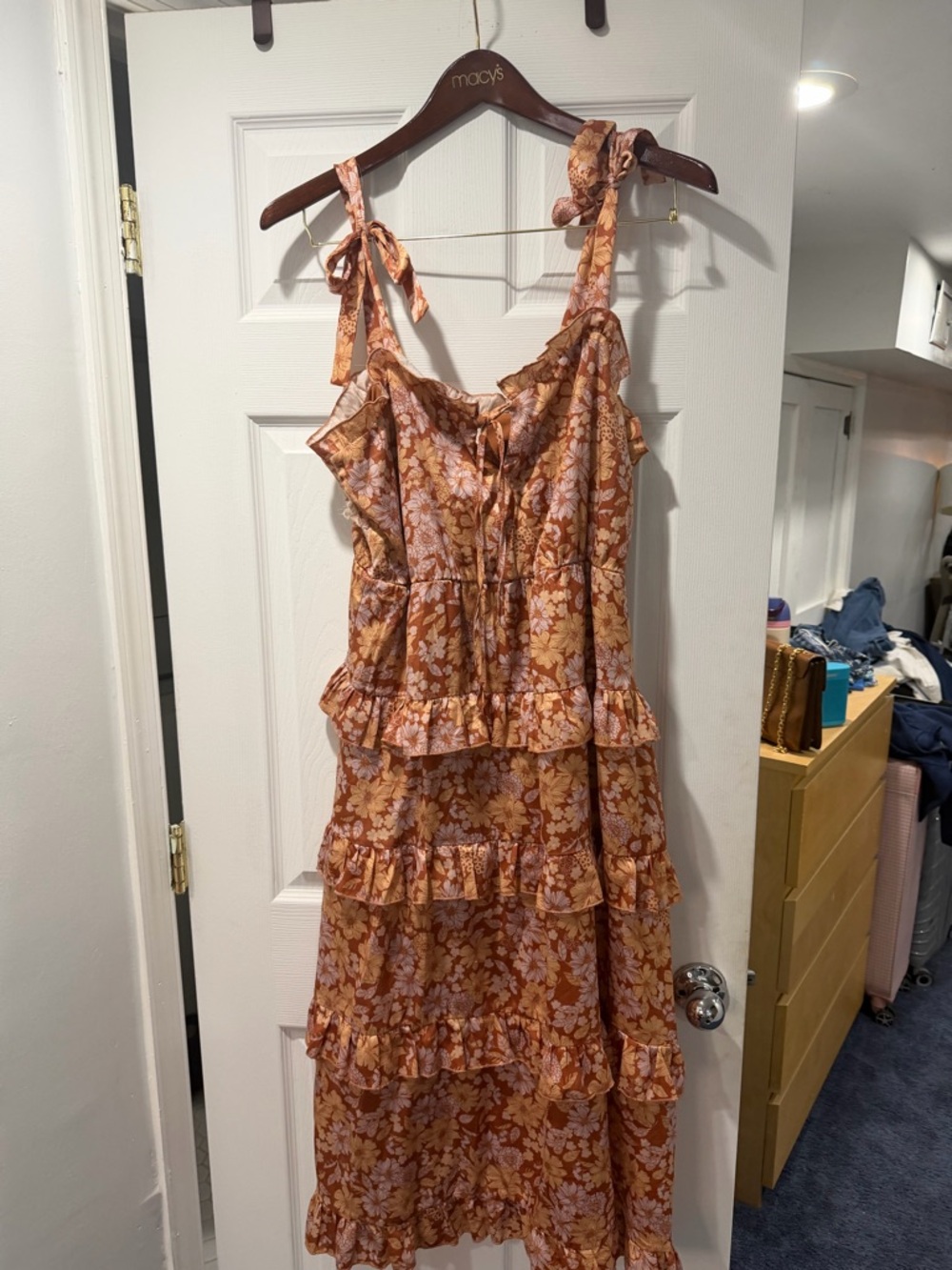 Floral Tiered Long Dress with Tie-Strap Shoulders - Rust Pink